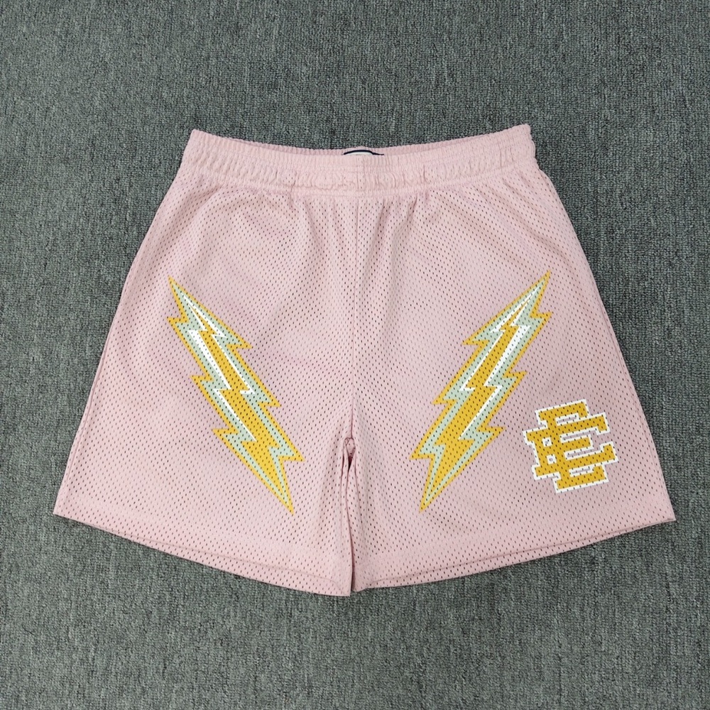 Eric Emanuel Pink Mesh Shorts with Yellow Lightning Bolts